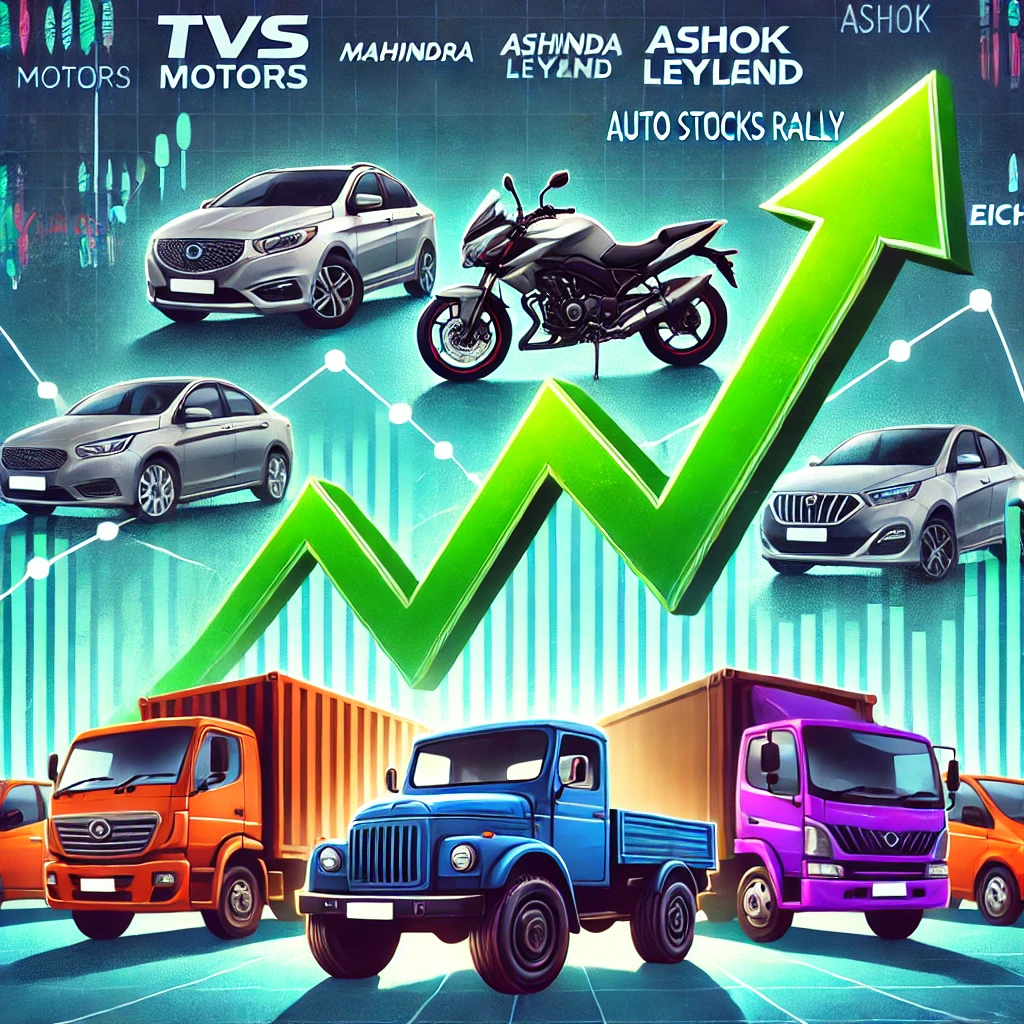 DALL·E 2025 03 03 11.03.30   A digital illustration showing stock market graphs with green upward arrows representing the rise of auto company shares like TVS Motors, Mahindra & M