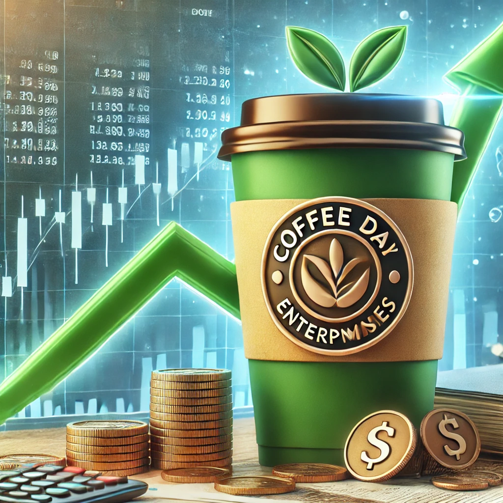 DALL·E 2025 03 03 11.07.21   A digital illustration representing a stock market surge for Coffee Day Enterprises. The image shows a rising green stock graph with the Coffee Day lo
