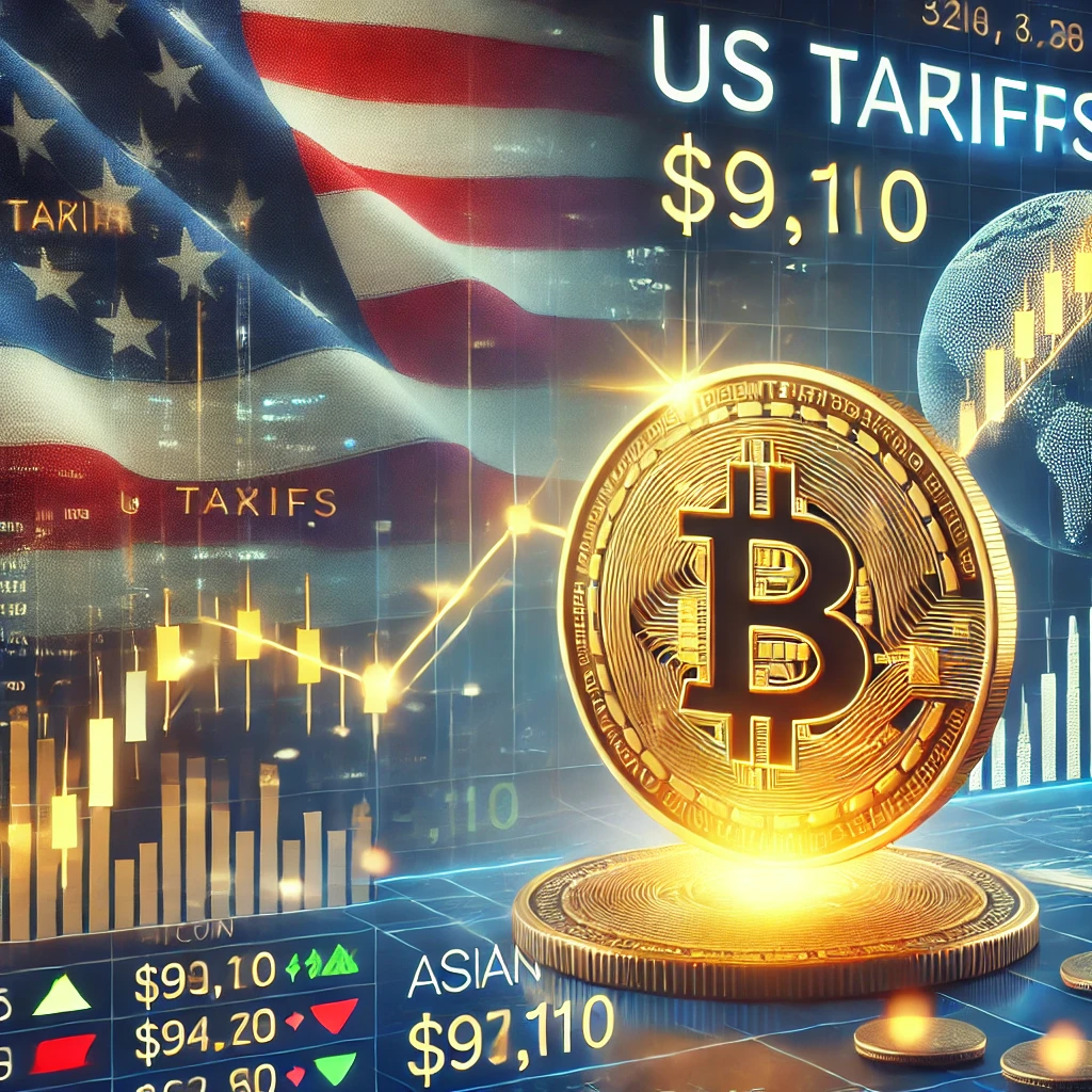DALL·E 2025 03 03 11.18.02   A digital news graphic showing US tariffs with a background of the American flag and stock market charts. In the foreground, a golden Bitcoin coin ris